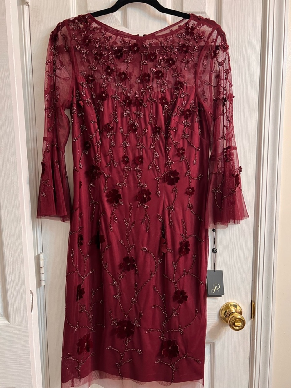 Adrianna Papell Burgundy Embroidered Mesh Sheath Dress
